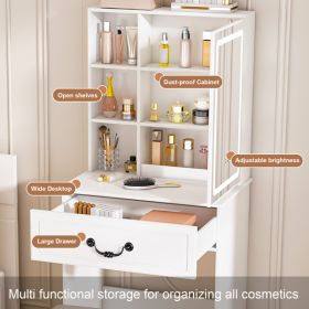 Modern Mini Dressing Table with LED-lit Mirror & Hidden Storage,Includes Padded Stool,Adjustable Brightness Vanity Desk,Multi-tier Dust-proof She