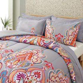3 Piece Queen Comforter Set, Boho Pattern, Gray with Rainbow Floral