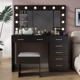 Vanity Desk Set with Large Lighted Mirror and Powre Outlet, Glass Top Makeup Vanity with 7 Drawers, Vanity Table with 12 LED Lights