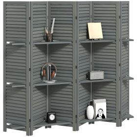 HOMCOM 6 Panel 67" Tall Wood Privacy Screen Room Divider with 3 Shelves and Folding Storage for Bedroom, Gray