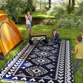 Reversible Outdoor Rug, Waterproof Plastic Straw With Carry Bag, 9 X 18, Blue & White Rhombus Patchwork (Color: Blue)