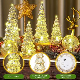 6 Pcs Mercury Glass Christmas Tree for Tabletop Light up Figurine Christmas Tree Mercury Cracked Glass Globe with Light for Xmas Decor Home Party (Color: Gold)
