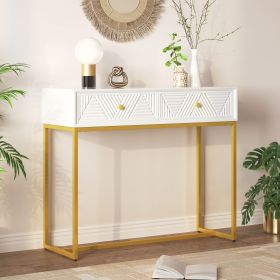 Modern Sleek Console Table Two Drawers with Stripe Design for Living Room and Entryway (Color: White, Material: MDF)