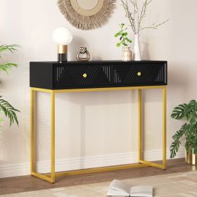 Modern Sleek Console Table Two Drawers with Stripe Design for Living Room and Entryway (Color: Black, Material: MDF)
