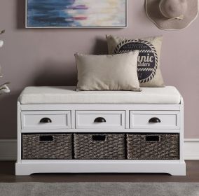 Homes Collection Wood Storage Bench with 3 Drawers and 3 Baskets (Color: White, Material: MDF)