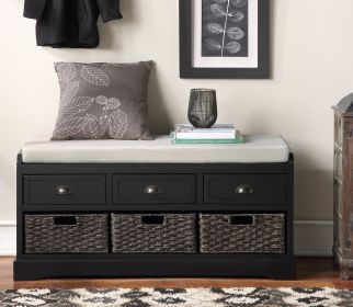 Homes Collection Wood Storage Bench with 3 Drawers and 3 Baskets (Color: Black, Material: MDF)